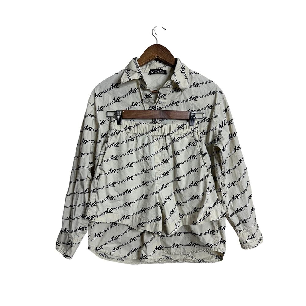 MO&Co MC Monogram Logo Print Cotton Button Shirt Shorts Set Womans XS